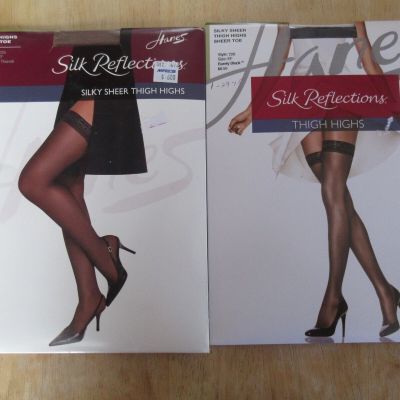 2 Pairs Hanes Silk Reflections Thigh Highs Size EF 1 Barely There 1 Barely Black